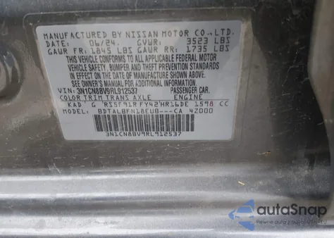 2024 Nissan Versa 1.6 S из США, поврежденный, VIN 3N1CN8BV9RL912537